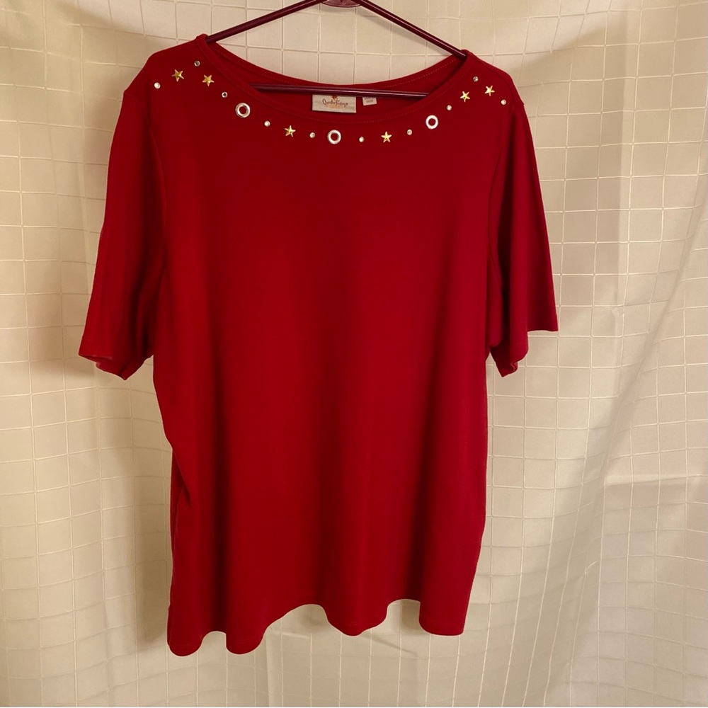 Quaker Factory Red Embellished Short Sleeve Top 2X